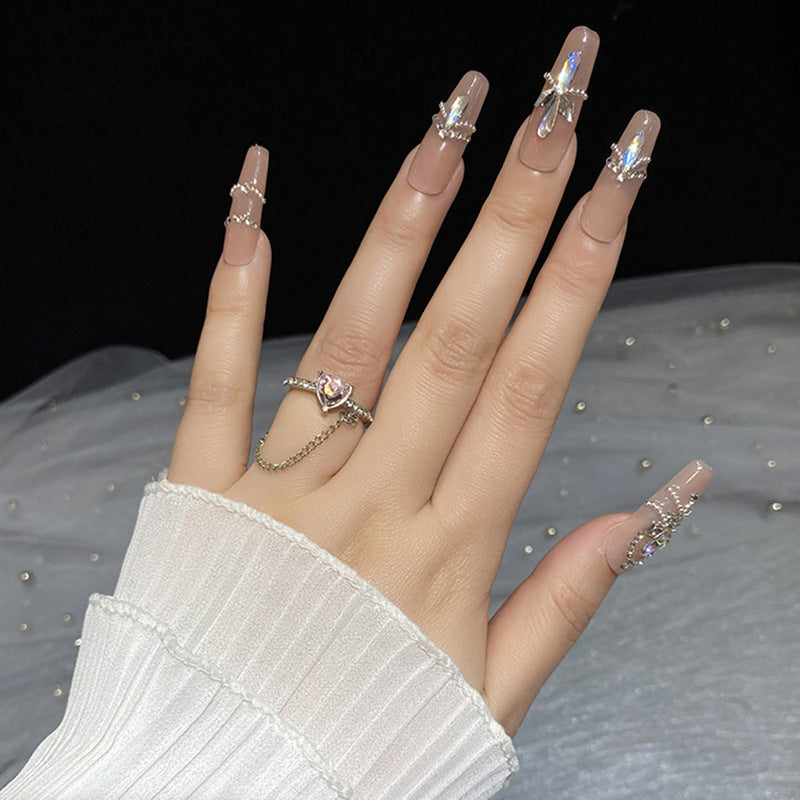 Handmade Long T Pure Pink Full Diamond Gorgeous Fake Nails