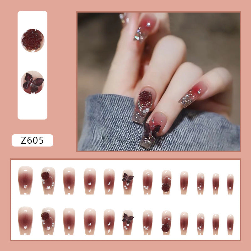 Crystal 24pcs long design coffin gradient red press on nail