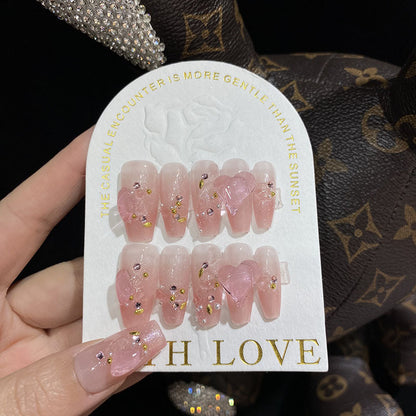 Pink gradient T Shape fairy-like glow 3D heart fake nail