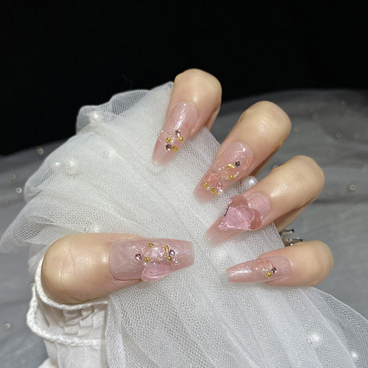 Pink gradient T Shape fairy-like glow 3D heart fake nail