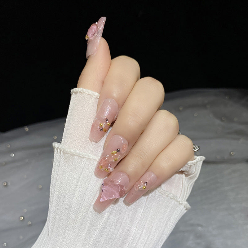 Pink gradient T Shape fairy-like glow 3D heart fake nail