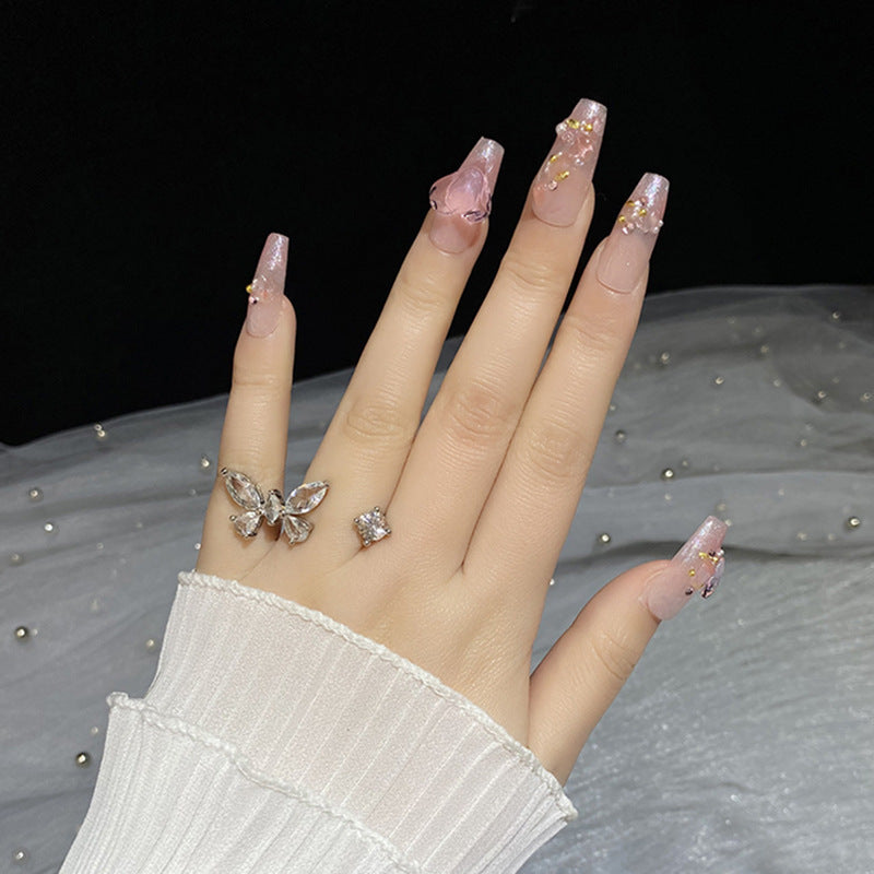 Pink gradient T Shape fairy-like glow 3D heart fake nail