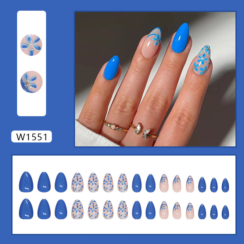 30pcs almond short desig nail beauty blue press on nail