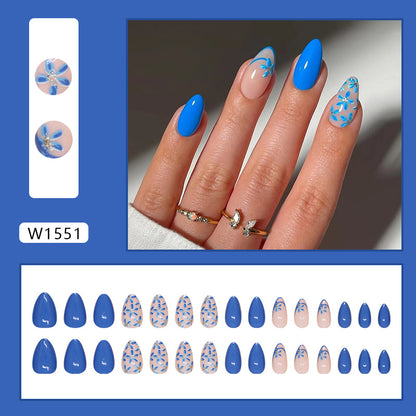 30pcs almond short desig nail beauty blue press on nail