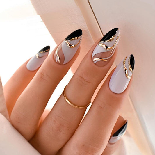 Almond shape French trim nail wear white black two tone press on nail