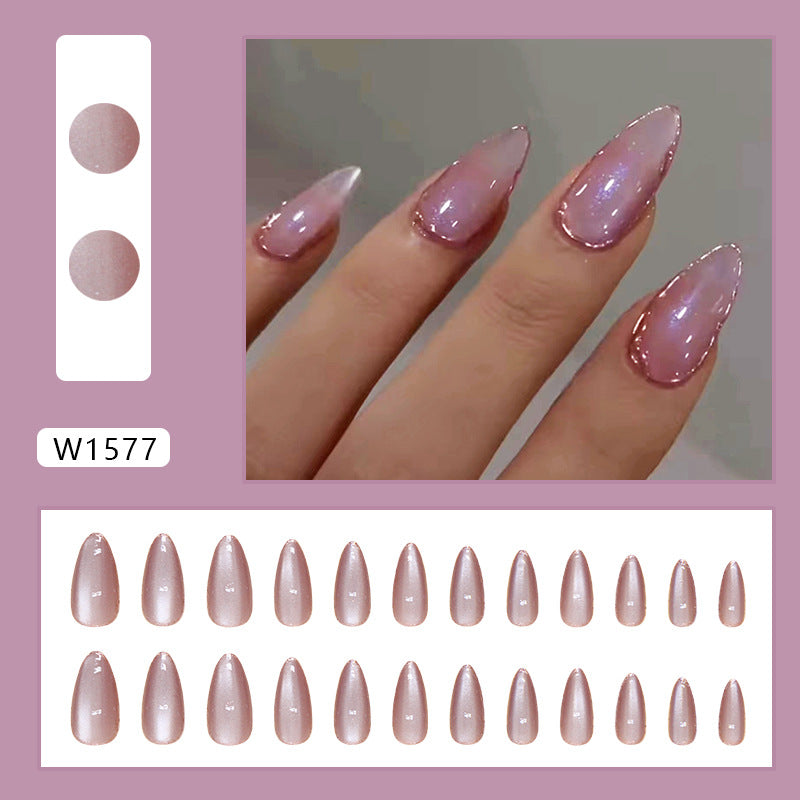 Pink cat eye fake almond gold edge luxuriant press on nail