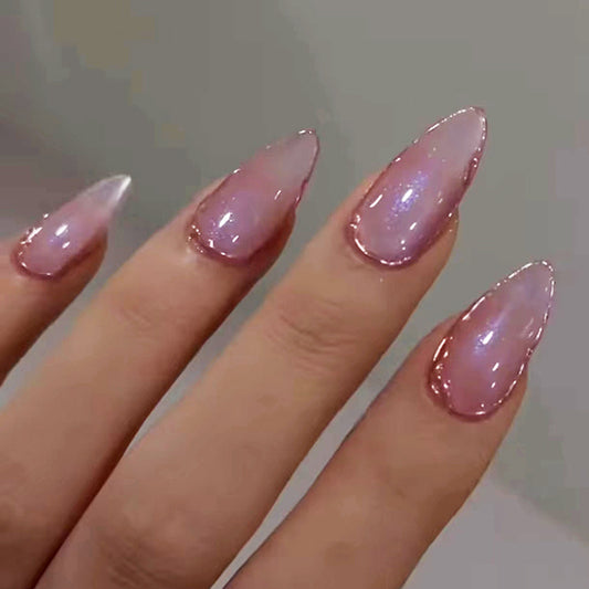 Pink cat eye fake almond gold edge luxuriant press on nail