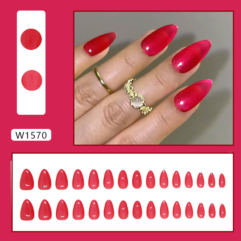 Press on nail mdium almond glossy gel short sticker glue red women false nail