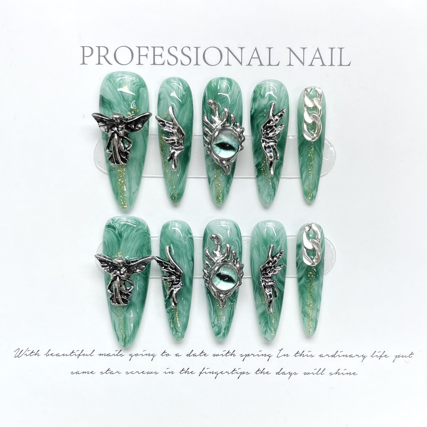 Wings Angel Eyes Long Green Nail Art Gel Nails