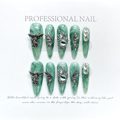 Wings Angel Eyes Long Green Nail Art Gel Nails