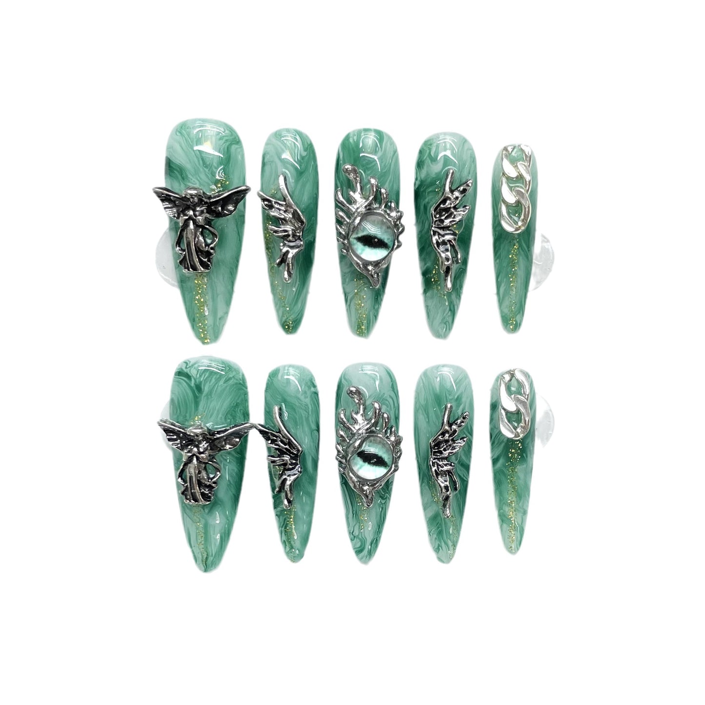 Wings Angel Eyes Long Green Nail Art Gel Nails