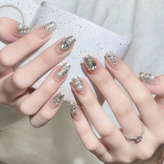 Square fake nail pearl diamond short design press on nail