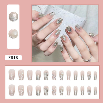 Square fake nail pearl diamond short design press on nail