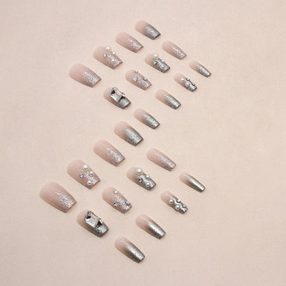 Square fake nail pearl diamond short design press on nail