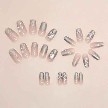 Square fake nail pearl diamond short design press on nail