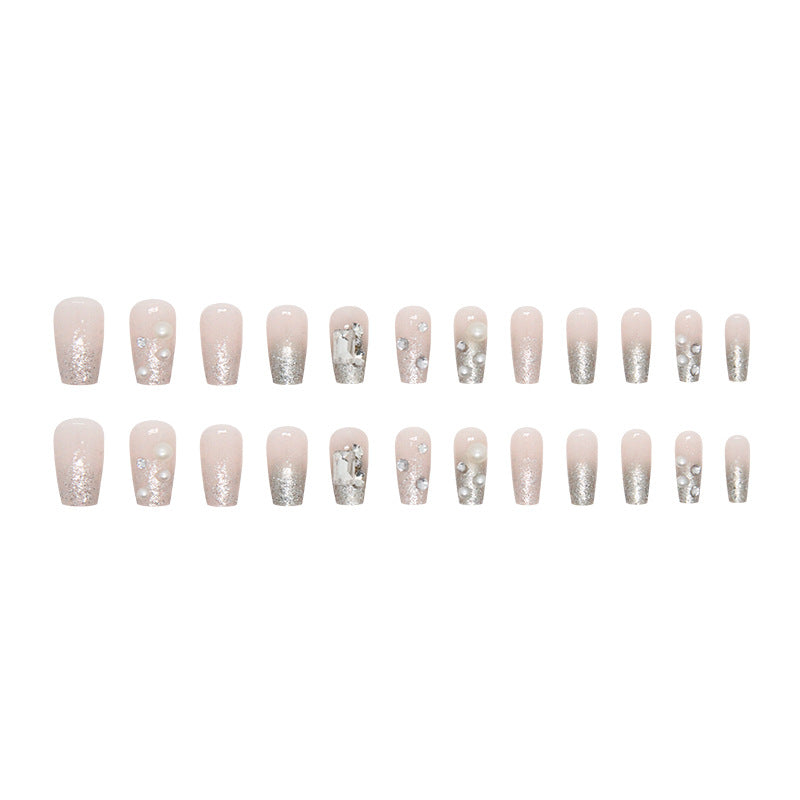 Square fake nail pearl diamond short design press on nail