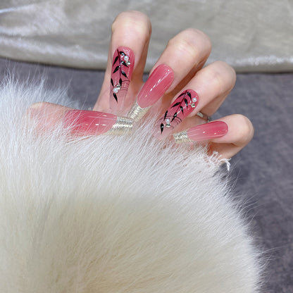 Hand-made nail art bamboo long French peach color press on nails