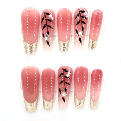 Hand-made nail art bamboo long French peach color press on nails