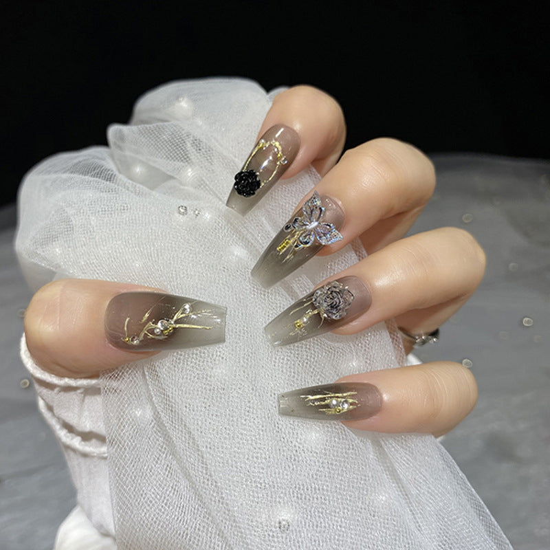 Handmade gradient dark cool girl 3D butterfly Rose mid-length T press on nail