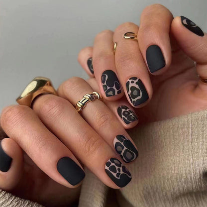 Free Shipping Matte black leopard print short nails