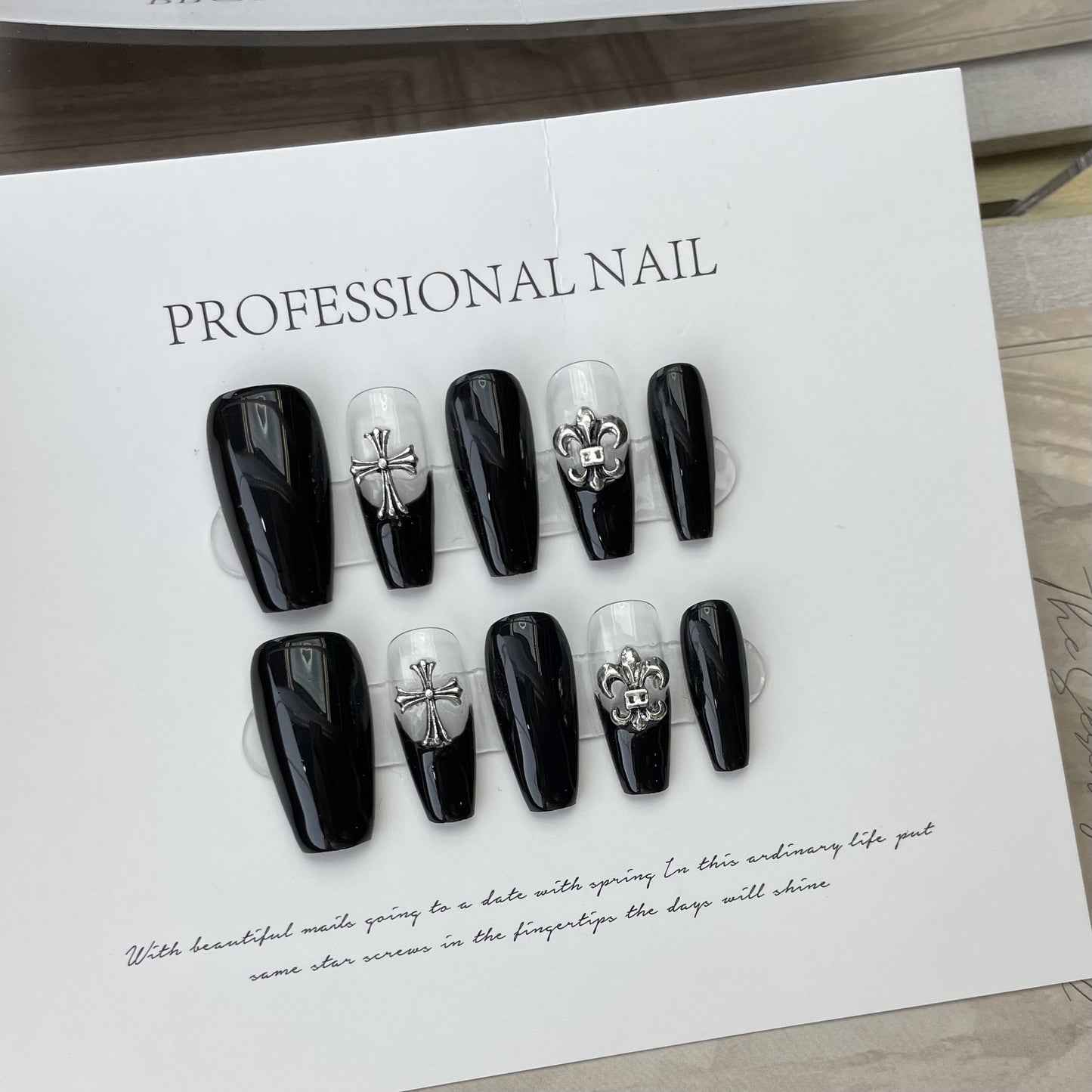 Retro Punk Cross black coffin shape nail art fashionable nails