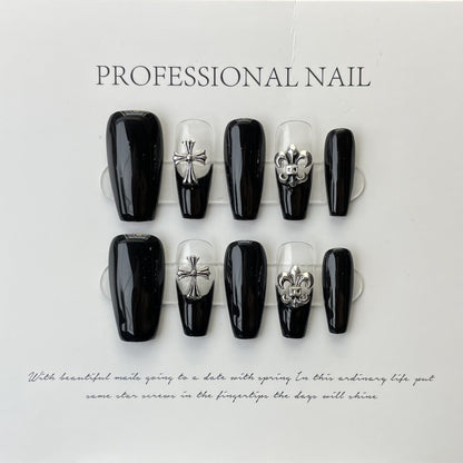 Retro Punk Cross black coffin shape nail art fashionable nails