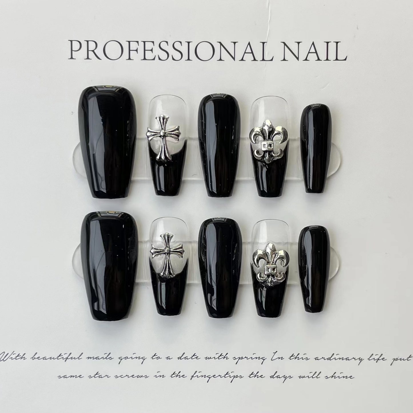 Retro Punk Cross black coffin shape nail art fashionable nails