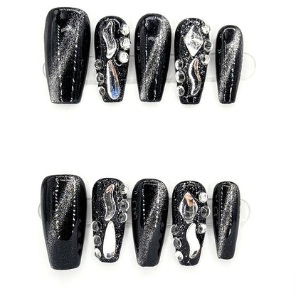 Black diamond cat's eye handmade nail crystal dark style nail art