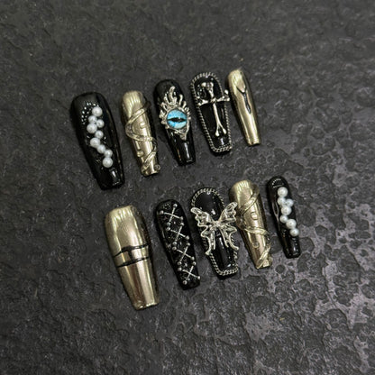 Handmade black gold color 3d silver butterfly fake nail