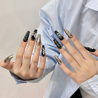 Handmade black gold color 3d silver butterfly fake nail