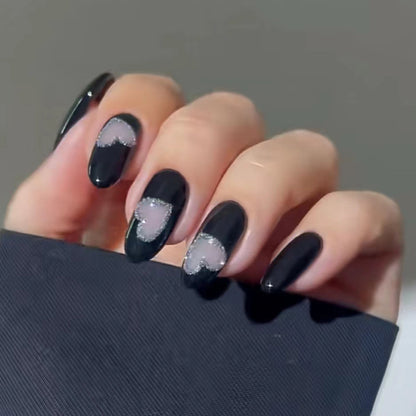 Cool girl hollow out heart design oval fake nail black press on nail