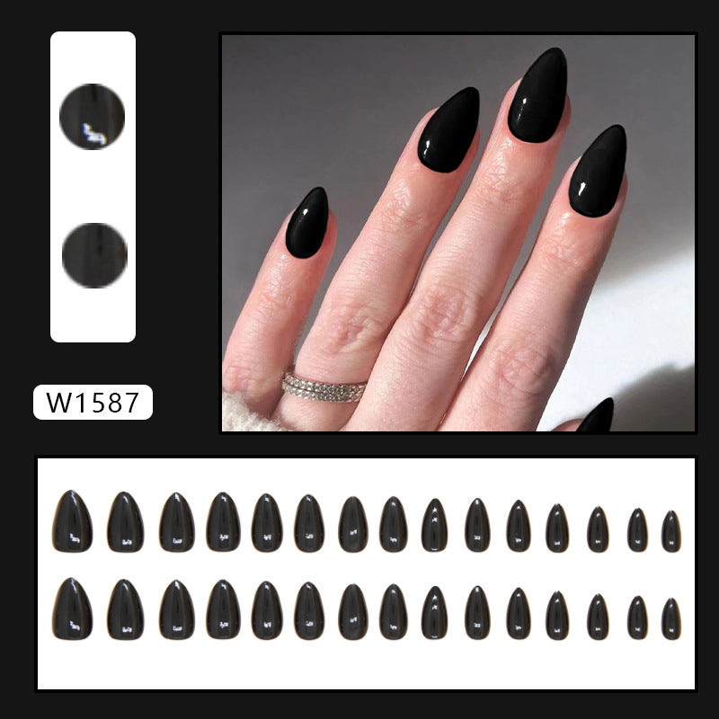 Plain color almond nail women black cool glaze 30pcs press on nail