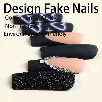 Black heart print dot diamond matte glitter powder square press on nail