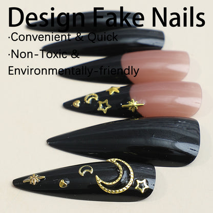 French type almond design long black press on nail with moon and start shape