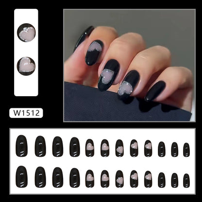 Cool girl hollow out heart design oval fake nail black press on nail