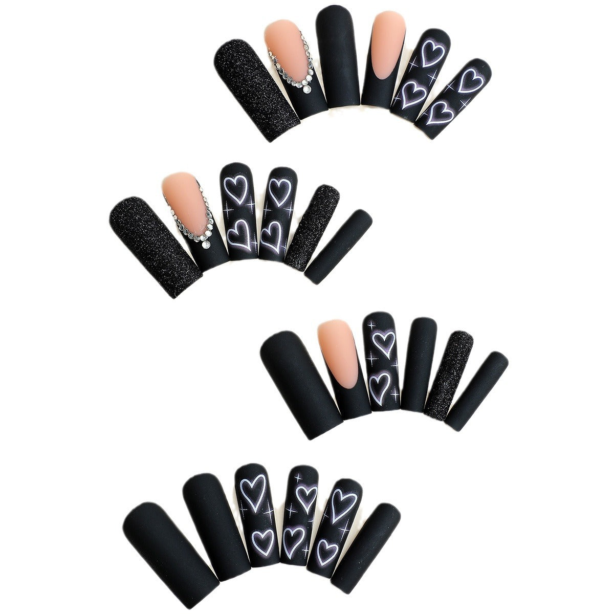 Black heart print dot diamond matte glitter powder square press on nail