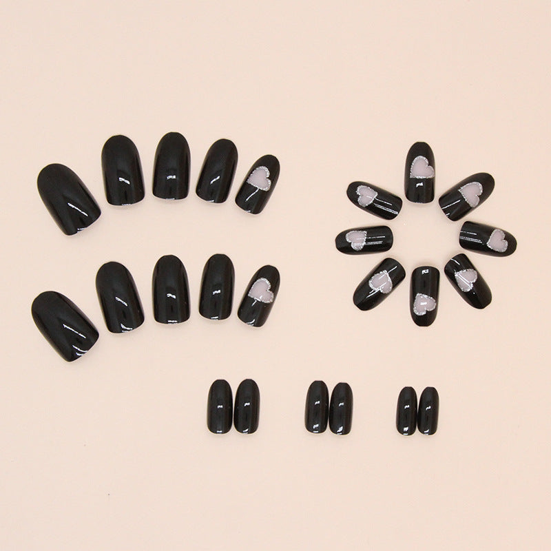 Cool girl hollow out heart design oval fake nail black press on nail