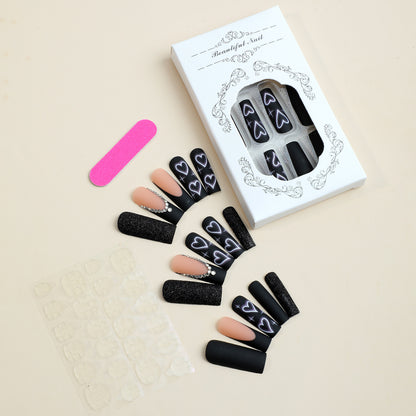 Black heart print dot diamond matte glitter powder square press on nail