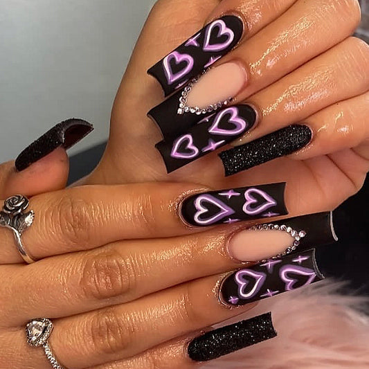 Black heart print dot diamond matte glitter powder square press on nail