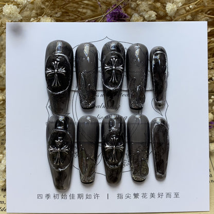 Black punk style cross nail art false nail press on bridal nails