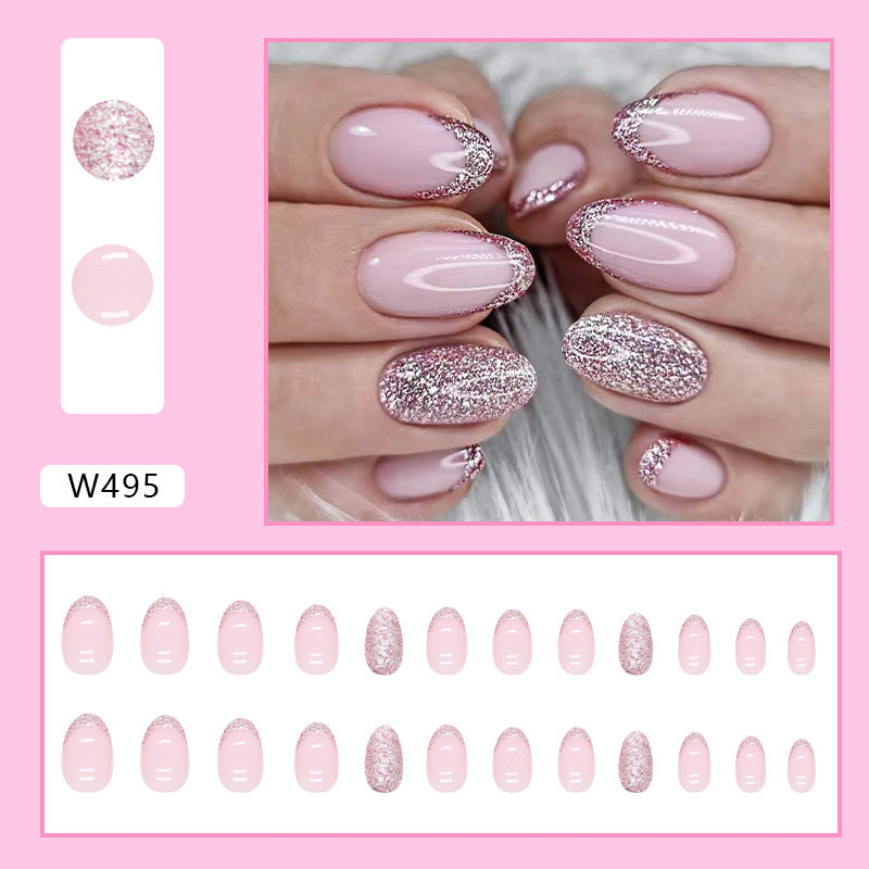 Oval design pink glitter powder fake nail with bling design