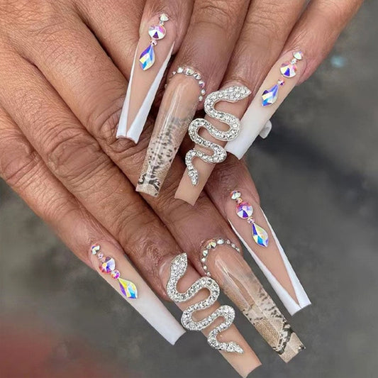 Super long bling press on nail coffin nude buttom color false nail with silver snake