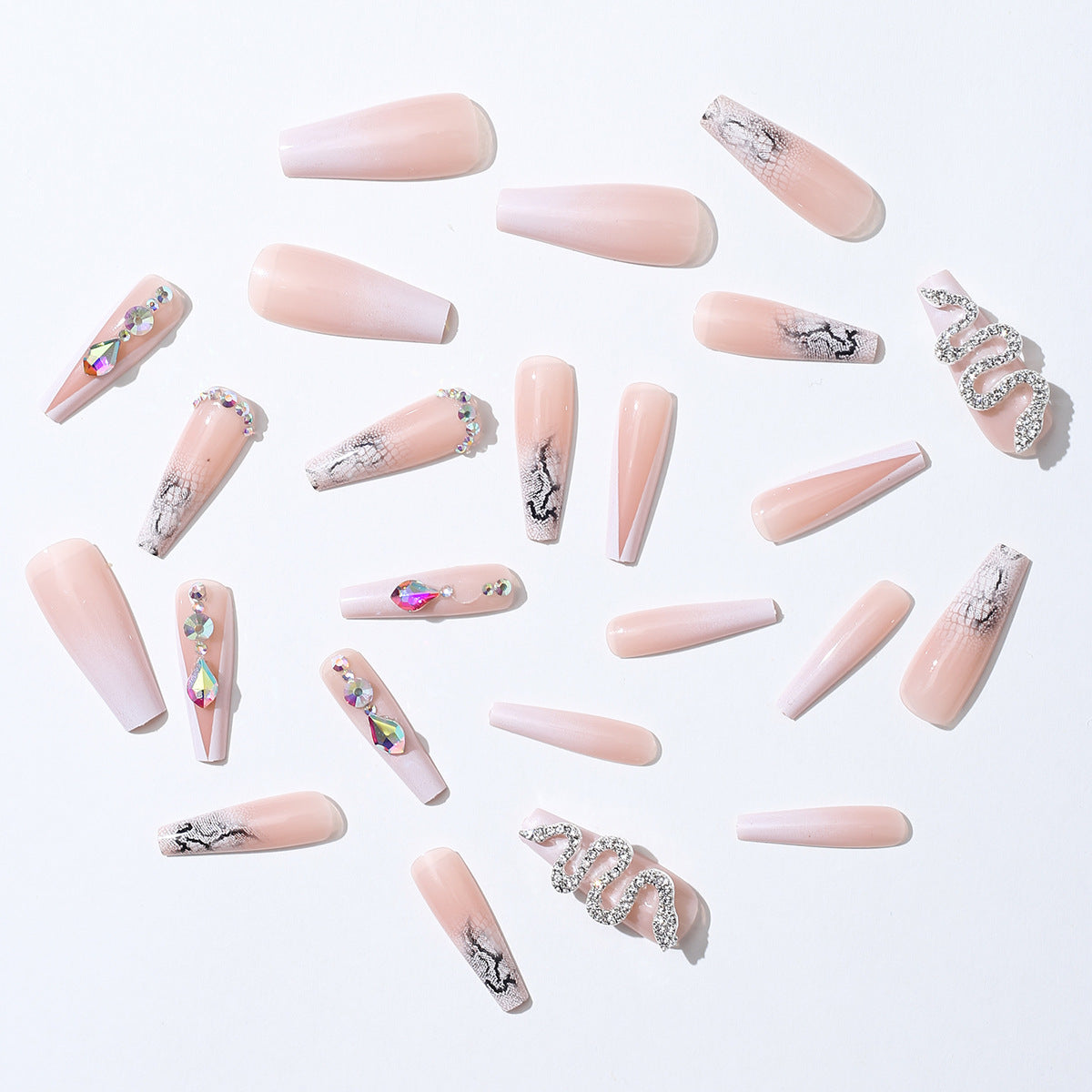 Super long bling press on nail coffin nude buttom color false nail with silver snake