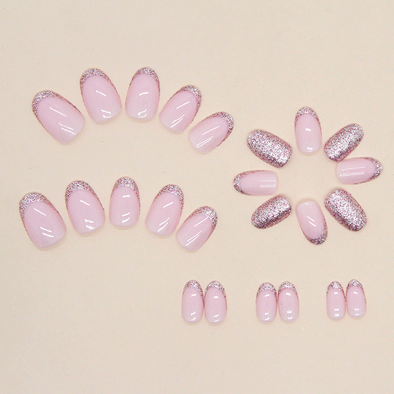 Oval design pink glitter powder fake nail with bling design