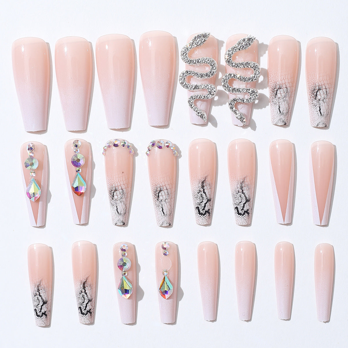 Super long bling press on nail coffin nude buttom color false nail with silver snake