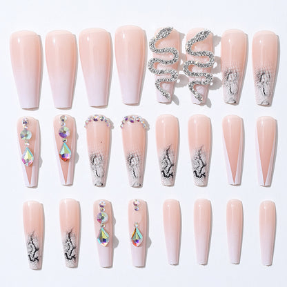 Super long bling press on nail coffin nude buttom color false nail with silver snake