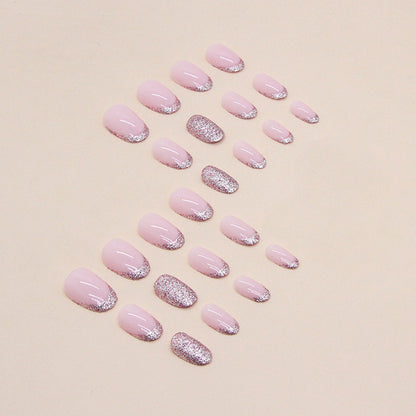 Oval design pink glitter powder fake nail with bling design