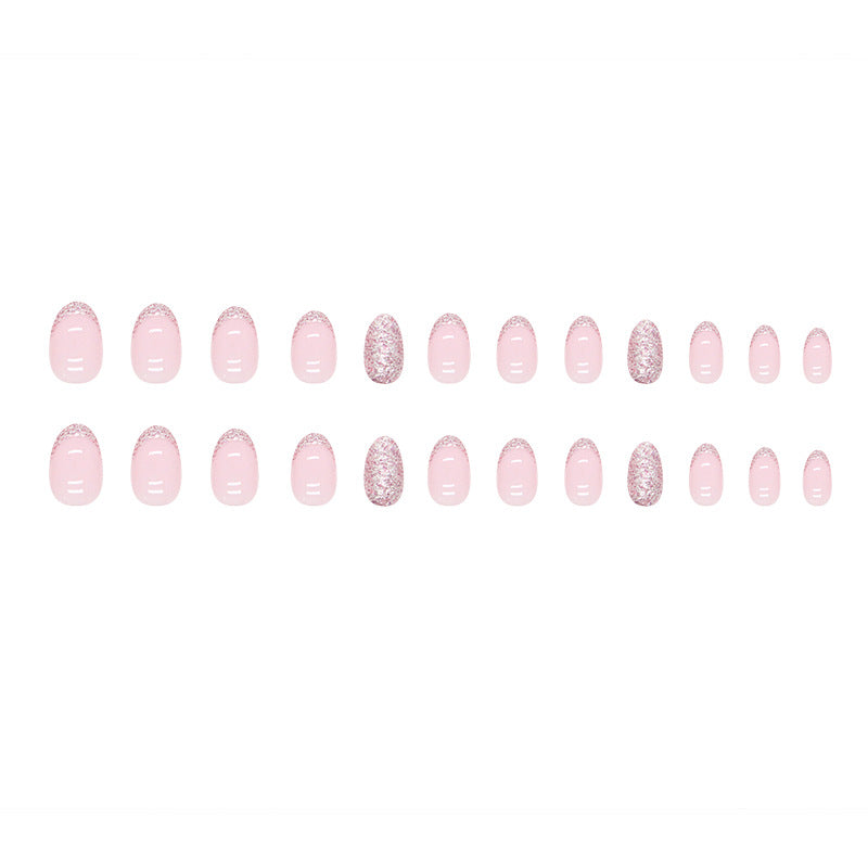 Oval design pink glitter powder fake nail with bling design