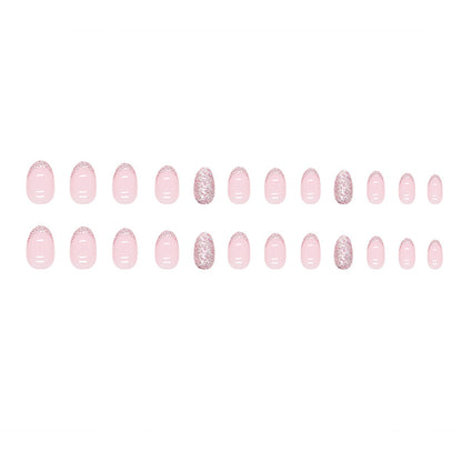 Oval design pink glitter powder fake nail with bling design