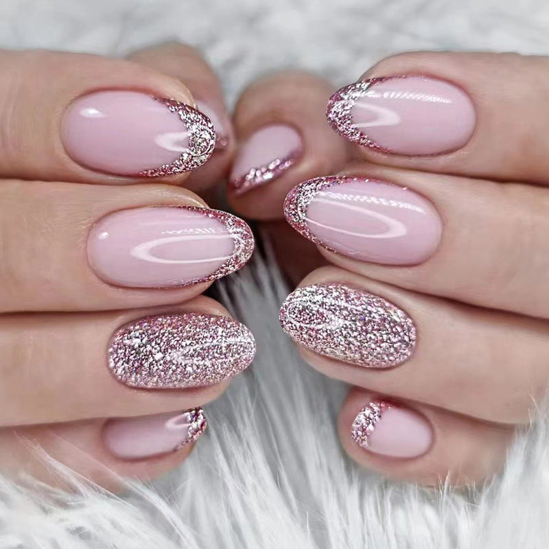 Oval design pink glitter powder fake nail with bling design